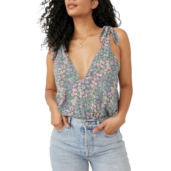 Intimately  Free People Bare It All Bodysuit Chambray Floral Draped Top SMALL - Picture 1 of 14